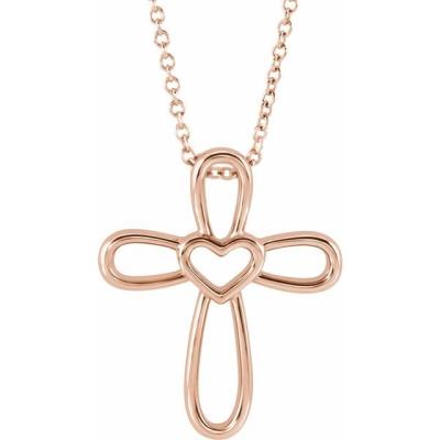 14K Rose Cross with Heart 16-18" Necklace 