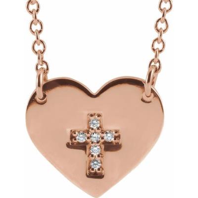 14K Rose .02 CTW Diamond Heart & Cross 16-18" Necklace 