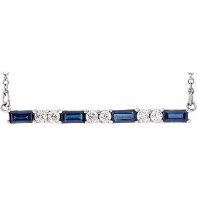 14K White Chatham® Created Blue Sapphire & 1/5 CTW Diamond Bar 16-18" Necklace   