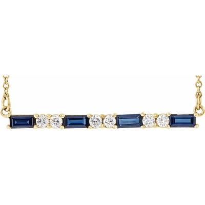 14K Yellow Gold Chatham® Created Blue Sapphire & 1/5 CTW Diamond Bar 16-18" Necklace   