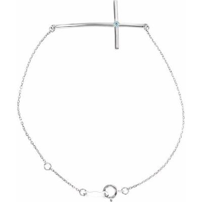 14K White Aquamarine Sideways Cross Bracelet   