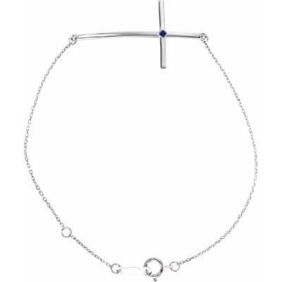 14K White Blue Sapphire Sideways Cross Bracelet  
