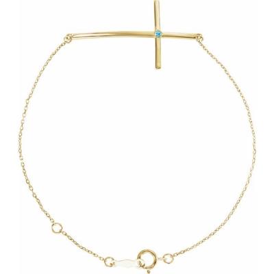14K Yellow Gold Blue Zircon Sideways Cross Bracelet  