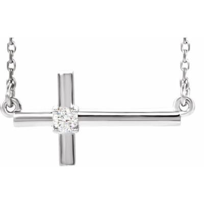 14K White .06 CTW Diamond Sideways Cross 16-18" Necklace 