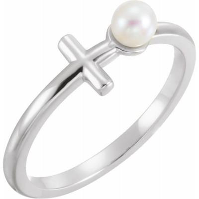 Ladies 14K White Freshwater Cultured Pearl Sideways Cross Ring 