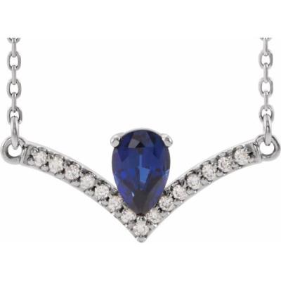 Ladies 14K White Chatham® Lab-Created Blue Sapphire & .08 CTW Diamond 16" Necklace     