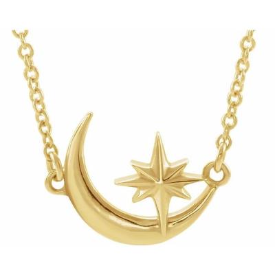 14K Yellow Gold Crescent Moon & Star 16-18" Necklace   