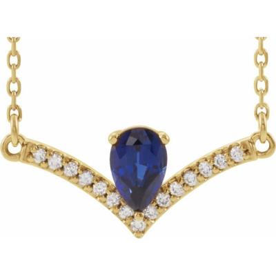 Ladies 14K Yellow Gold Blue Sapphire & .08 CTW Diamond 18" Necklace           