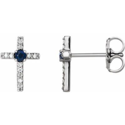 14K White Chatham® Created Blue Sapphire & .06 CTW Diamond Cross Earrings   
