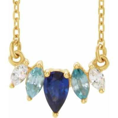 14K Yellow Gold Multi-Gemstone & .07 CTW Diamond Curved Bar 16" Necklace  