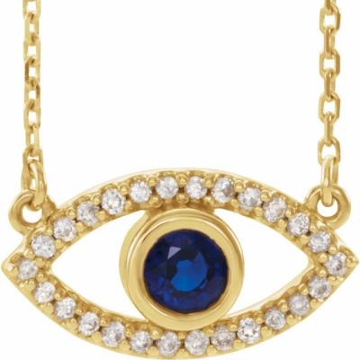 14K Yellow Gold Blue Sapphire & White Sapphire Evil Eye 16" Necklace