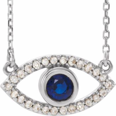 14K White Blue Sapphire & White Sapphire Evil Eye 16" Necklace
