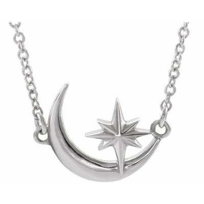 Sterling Silver Crescent Moon & Star 16-18" Necklace   