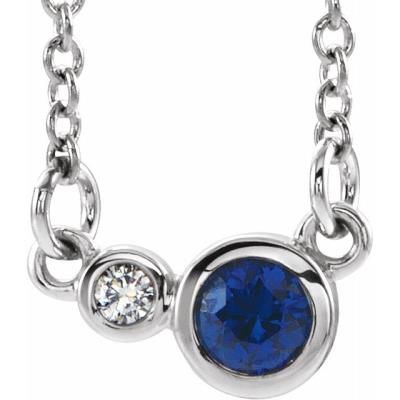 14K White Chatham® Created Blue Sapphire & .02 CTW Diamond 18" Necklace    