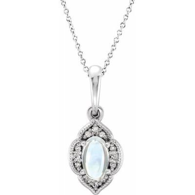 14K White Rainbow Moonstone & .03 CTW Diamond Clover 16-18" Necklace 