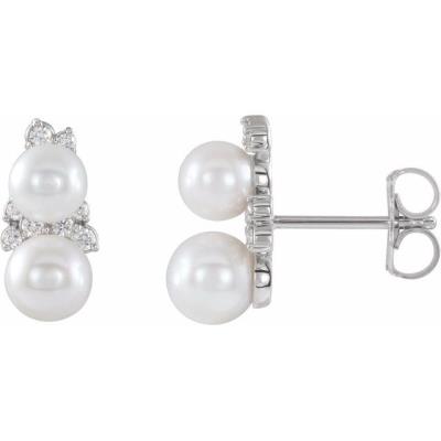 14K White Freshwater Cultured Pearl & 1/10 CTW Diamond Ear Climbers 