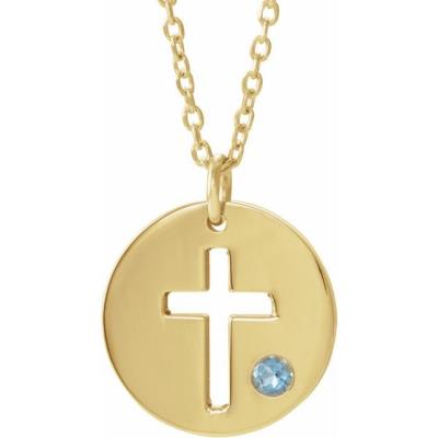 14K Yellow Gold Aquamarine Pierced Cross Disc 16-18" Necklace 