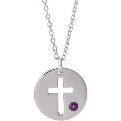 Sterling Silver Imitation Amethyst Pierced Cross Disc 16-18" Necklace 