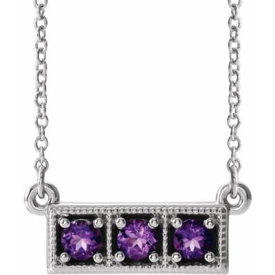 14K White Amethyst Three-Stone Granulated Bar 16-18" Necklace     