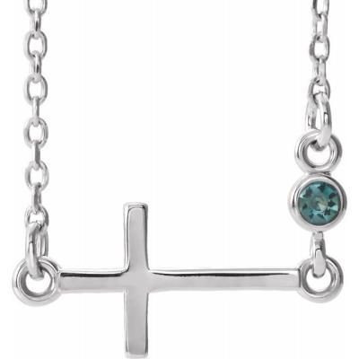 14K White Alexandrite Sideways Accented Cross 16-18" Necklace 