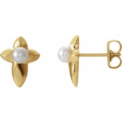 14K Yellow Gold Freshwater Cultured Pearl Cross Earrings   