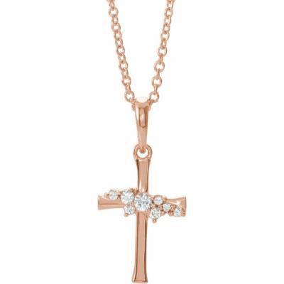 14K Rose .06 CTW Diamond Cluster Cross 16-18" Necklace  