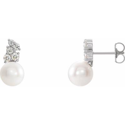 14K White Freshwater Cultured Pearl & 3/8 CTW Diamond Earrings 