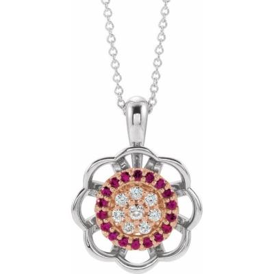 14K White/Rose Ruby & 1/3 CTW Diamond 16-18" Necklace 