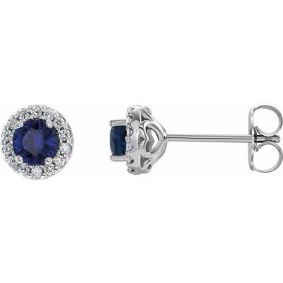 14K White Chatham® Lab-Created Blue Sapphire & 1/4 Diamond Earrings