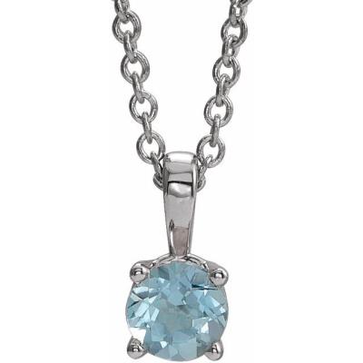 14K White 3 mm Round Aquamarine Birthstone 16-18" Necklace