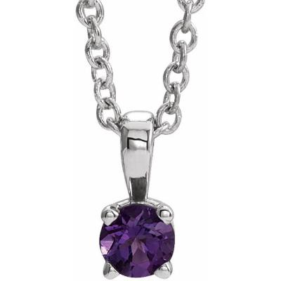14K White 3 mm Round Amethyst Birthstone 16-18" Necklace