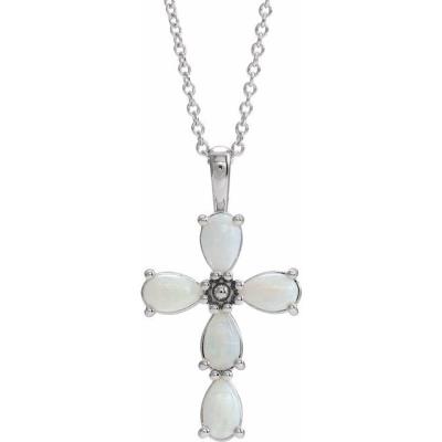 14K White Cabochon White Opal Cross 16-18" Necklace