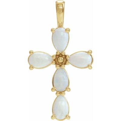 14K Yellow Gold Cabochon White Opal Cross Pendant