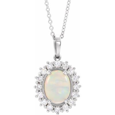 14K White Ethiopian Opal & 1/3 CTW Diamond Halo-Style 16-18" Necklace