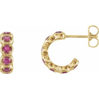 14K Yellow Gold Pink Tourmaline Hoop Earrings                  