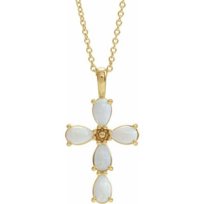 14K Yellow Gold Cabochon White Opal Cross 16-18" Necklace
