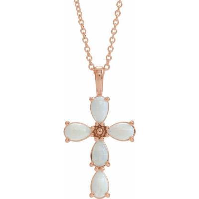 14K Rose Cabochon White Opal Cross 16-18" Necklace