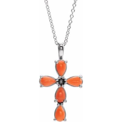 14K White Cabochon Pink Coral Cross 16-18" Necklace