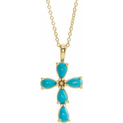 14K Yellow Gold Cabochon Turquoise Cross 16-18" Necklace