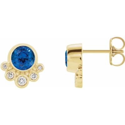 14K Yellow Gold Chatham® Created Blue Sapphire & 1/8 CTW Diamond Earrings      