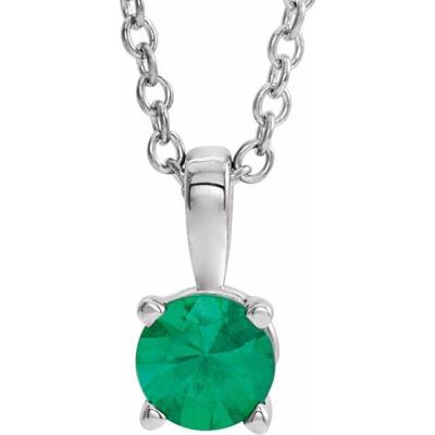 14K White 4 mm Round Emerald Birthstone 16-18" Necklace