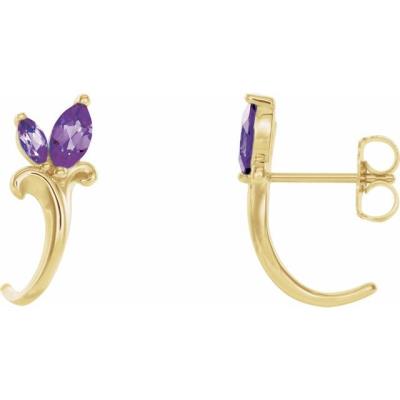14K Yellow Gold Amethyst Floral-Inspired J-Hoop Earrings     