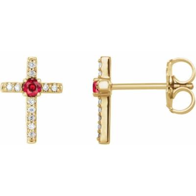 14K Yellow Gold Chatham® Created Ruby & .06 CTW Diamond Cross Earrings     