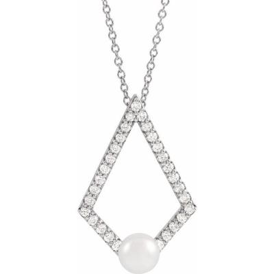 14K White Freshwater Cultured Pearl & 1/4 CTW Diamond Geometric 16-18" Necklace