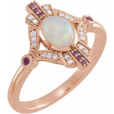 Ladies 14K Rose Cabochon Ethiopian Opal, Pink Sapphire & .06 CTW Diamond Ring