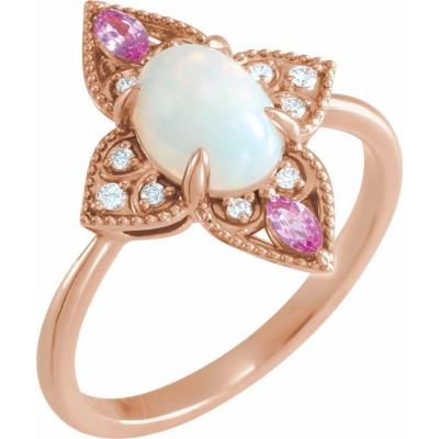 Ladies 14K Rose Ethiopian Opal, Pink Sapphire & .05 CTW Diamond Vintage-Inspired Ring 