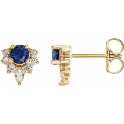 14K Yellow Gold Blue Sapphire & 1/6 CTW Diamond Earrings