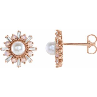 14K Rose Akoya Pearl, White Opal & 1/6 CTW Diamond Earrings