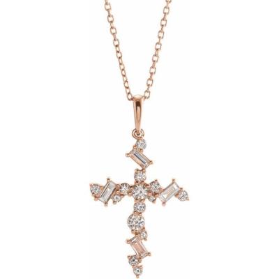 14K Rose 3/8 CTW Diamond Scattered Cross 16-18" Necklace