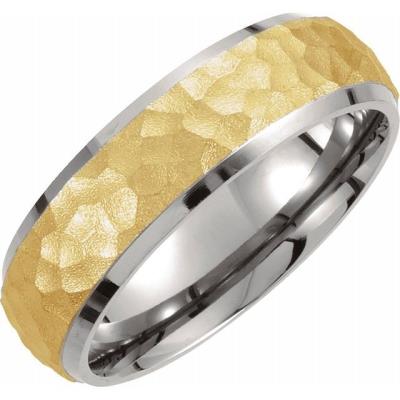 Ladies Titanium & Gold Immerse Plated 7 mm Hammered Finish Beveled Edge Band Size 7.5